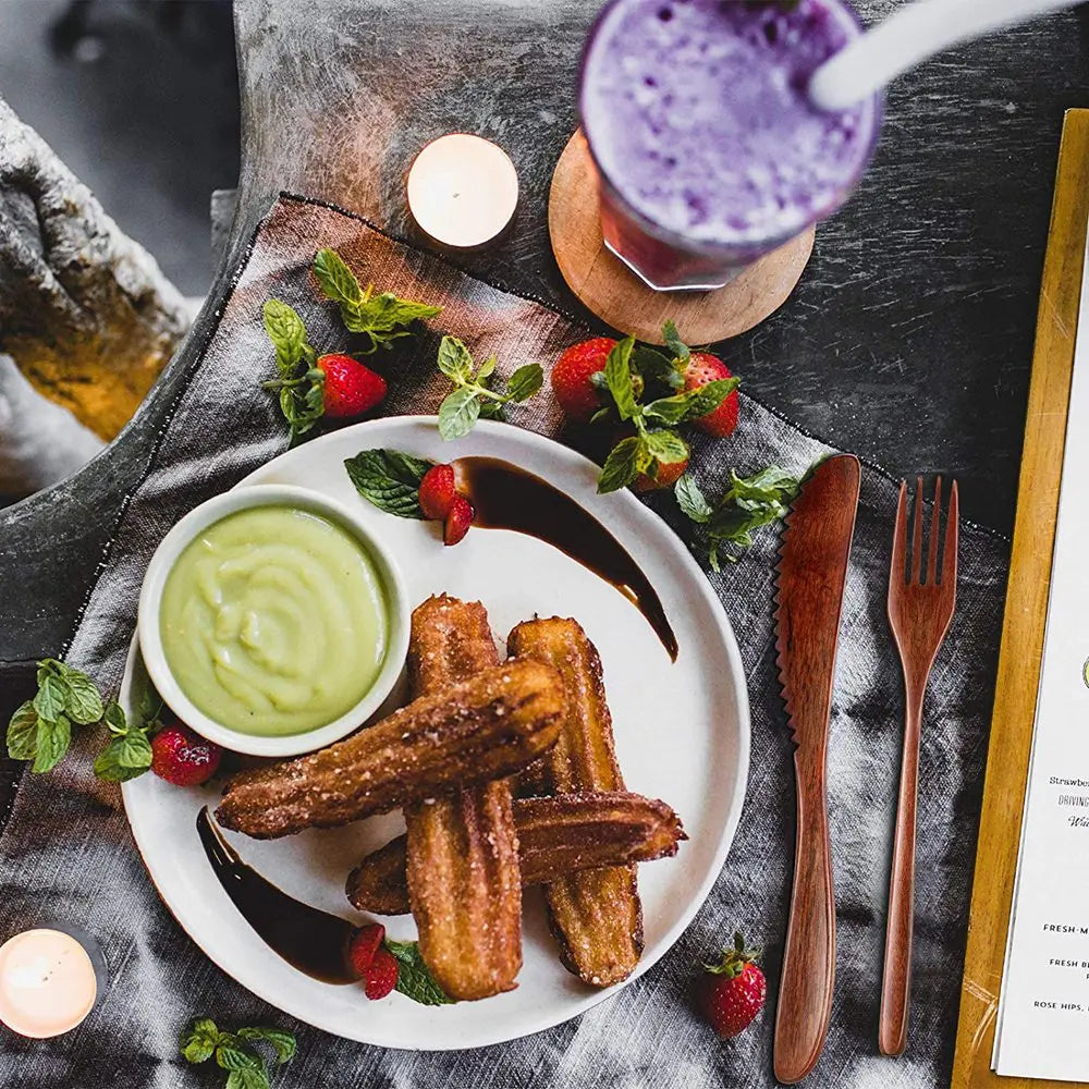 Wooden Spoon Fork Knife Cutlery Set Wooden Dinner Utensil Set Kitchen Wooden Flatware Tableware Cutlery Set (24 Pieces) - Gloweve