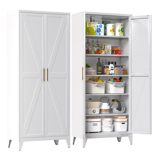 75inch H Metal Pantry Cabinet, Kitchen Pantry Storage Cabinets With 5 Adjustable Shelves, For Home, Required Assembly, White
