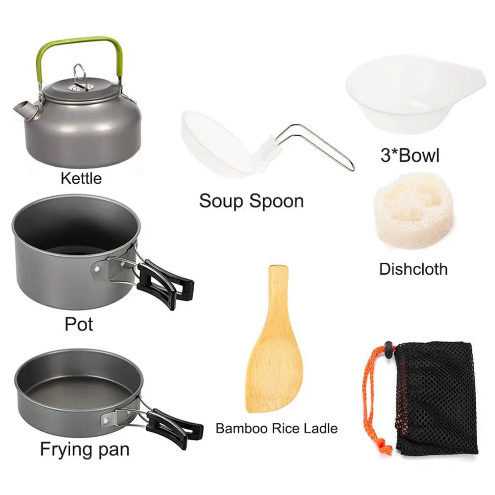 Camping Cooker Set Cookware Kit Outdoor Pot Pan Stove Kettle Cups Tableware Tourist Dishes Nature Hike Equipment - Gloweve