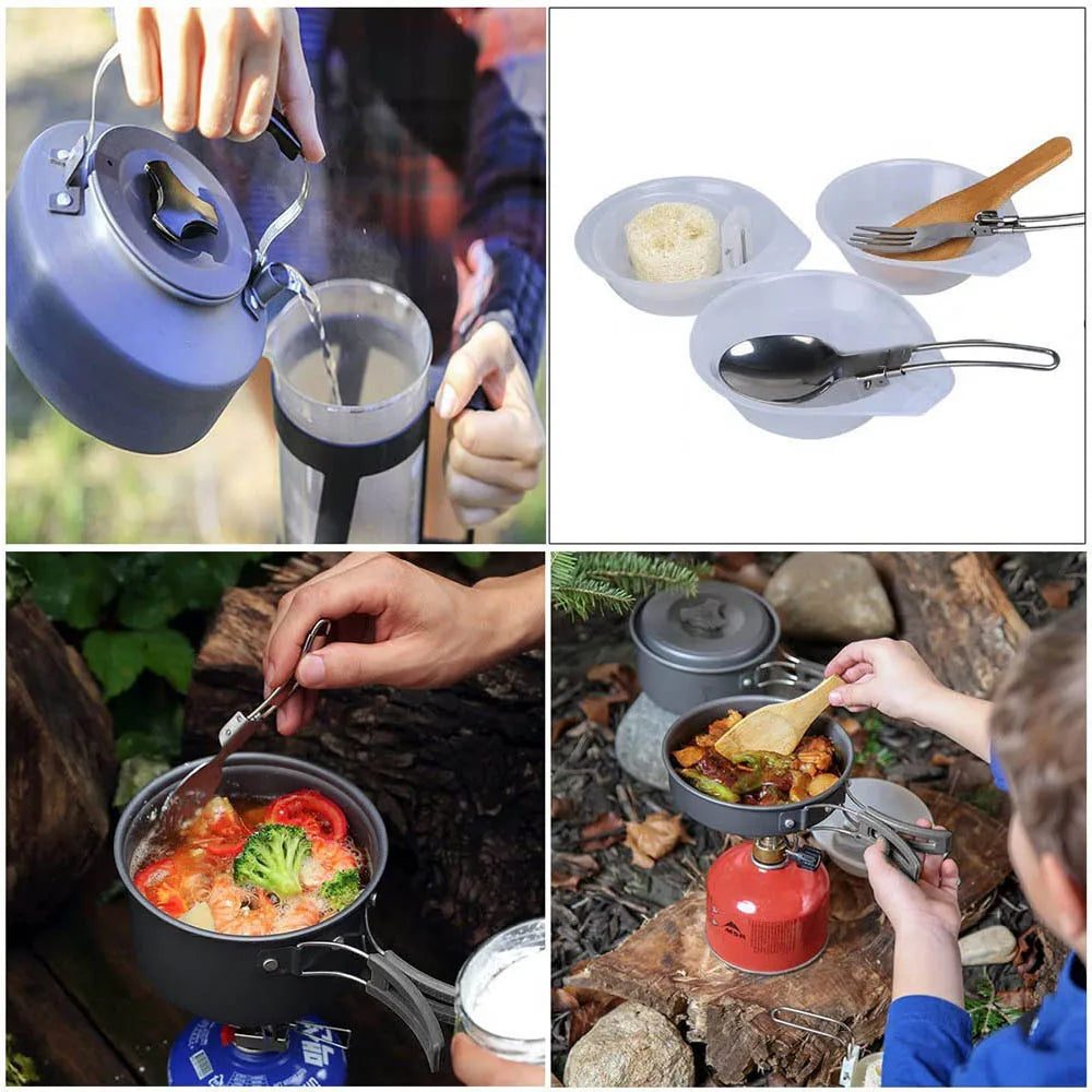 Camping Cooker Set Cookware Kit Outdoor Pot Pan Stove Kettle Cups Tableware Tourist Dishes Nature Hike Equipment - Gloweve
