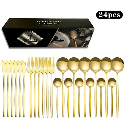 Stainless Steel Cutlery Set, Steak Knife, Spoon and Fork Set, Western Food Dinnerware, High Quality, 24Pcs - Gloweve