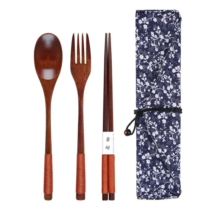 Wooden Tableware Set Spoon Fork Chopsticks With Cloth Bag Wooden Cutlery Set Tableware Flatware Portable Household Supplies - Gloweve