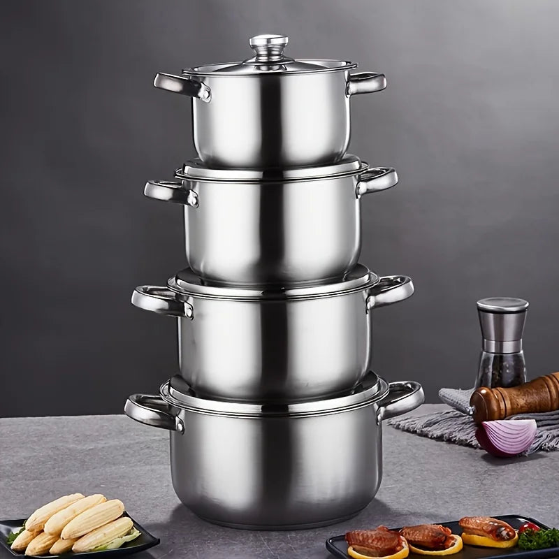 4-Piece Stainless Steel Pot Set, No Stove Selection, Large Capacity, Suitable for Kitchen Cooking - Gloweve