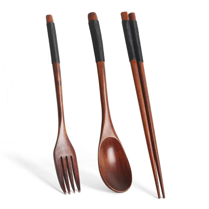 Wooden Cutlery Spoon Fork Chopsticks Dinnerware Set Long Wood Spoon Fork Set Dessert Soup Spoon Dining Fork Portable Tableware - Gloweve