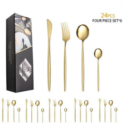 Stainless Steel Cutlery Set, Steak Knife, Spoon and Fork Set, Western Food Dinnerware, High Quality, 24Pcs - Gloweve