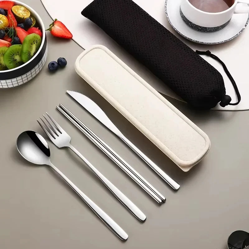 Stainless Steel Flatware Set Portable Travel Utensils Set with Case Fork Spoon Knife Chopstick Dinnerware for Lunch Tableware - Gloweve