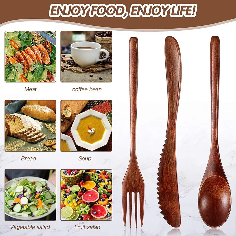 Wooden Spoon Fork Knife Cutlery Set Wooden Dinner Utensil Set Kitchen Wooden Flatware Tableware Cutlery Set (24 Pieces) - Gloweve