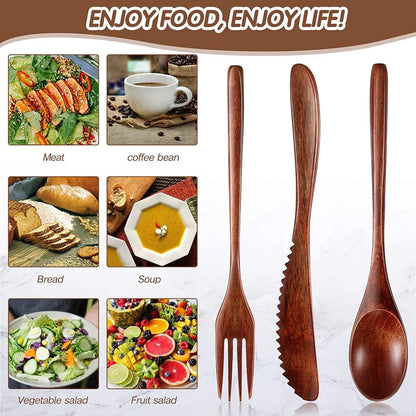 Wooden Spoon Fork Knife Cutlery Set Wooden Dinner Utensil Set Kitchen Wooden Flatware Tableware Cutlery Set (24 Pieces) - Gloweve