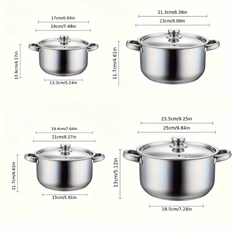 4-Piece Stainless Steel Pot Set, No Stove Selection, Large Capacity, Suitable for Kitchen Cooking - Gloweve