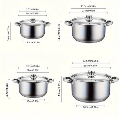 4-Piece Stainless Steel Pot Set, No Stove Selection, Large Capacity, Suitable for Kitchen Cooking - Gloweve