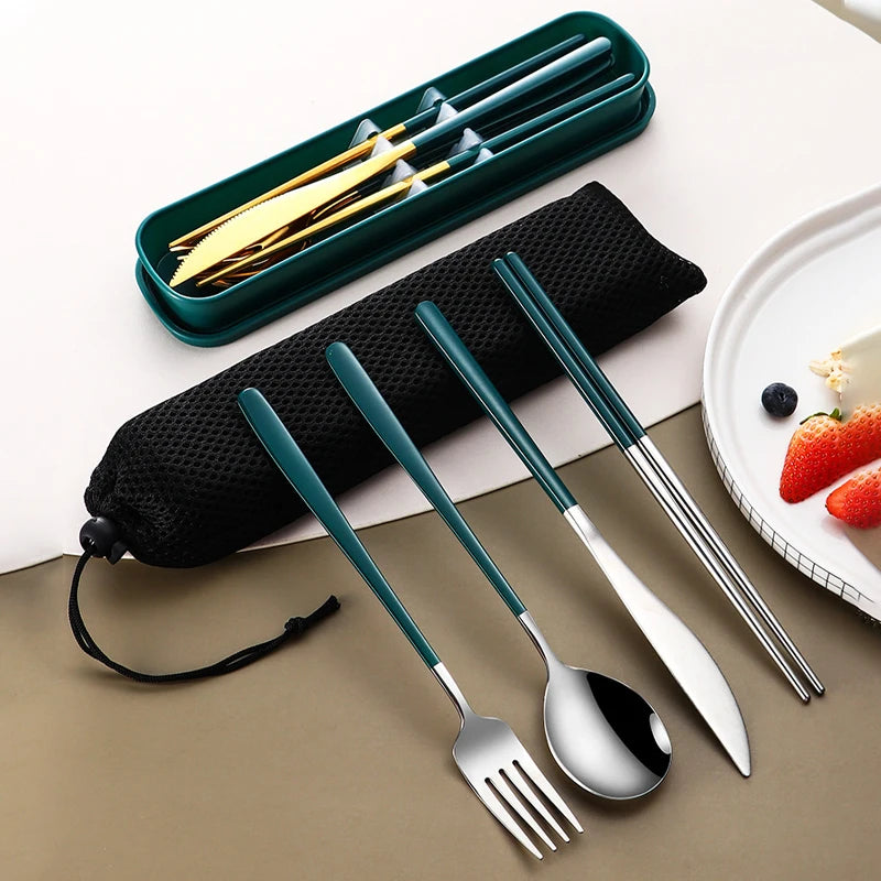 Stainless Steel Flatware Set Portable Travel Utensils Set with Case Fork Spoon Knife Chopstick Dinnerware for Lunch Tableware - Gloweve