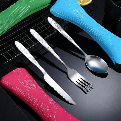 Stainless Steel Tableware Set Portable Cutlery Kit with Carry Case for Travel Camping Picnic Outdoor Meals Reusable Utensils - Gloweve