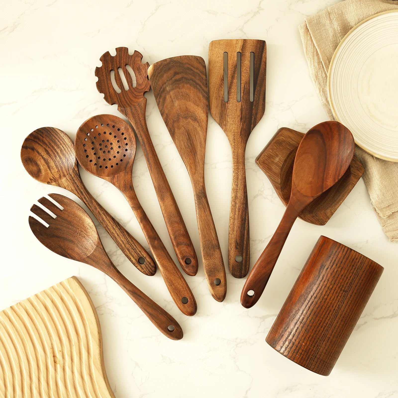 Wood Utensil Set  and Utensils Holder Kitchen Cooking Stainless Steel Utensil Set Practical Cookware Kit for Home Everyday Use - Gloweve