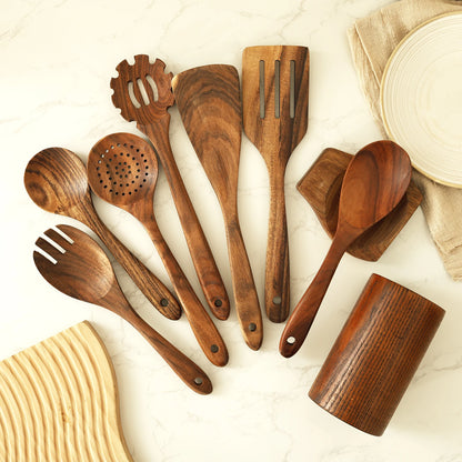 Wood Utensil Set  and Utensils Holder Kitchen Cooking Stainless Steel Utensil Set Practical Cookware Kit for Home Everyday Use - Gloweve