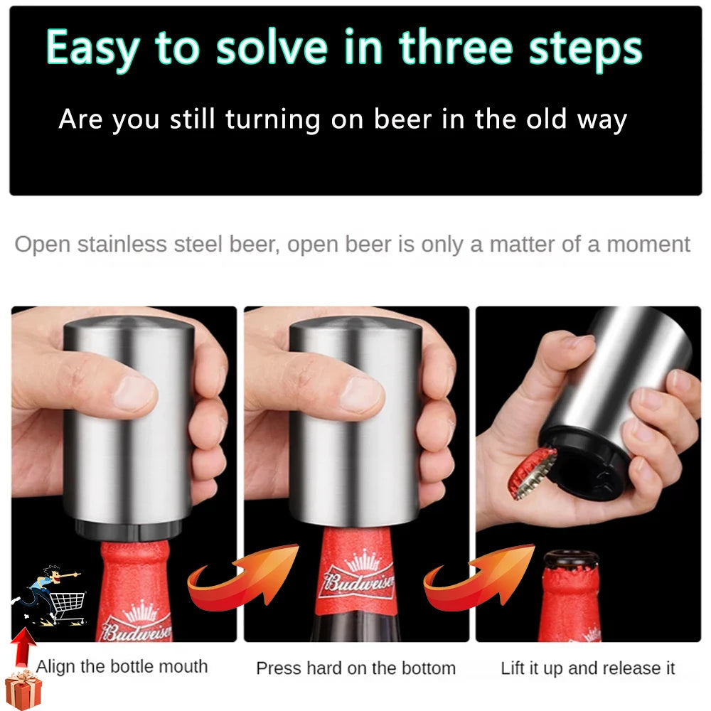 1/2Pcs Automatic Beer Bottle Opener Magnet Beer Opener Stainless Steel Push Down Opener Wine Soda Cap Opener Kitchen Accessory - Gloweve