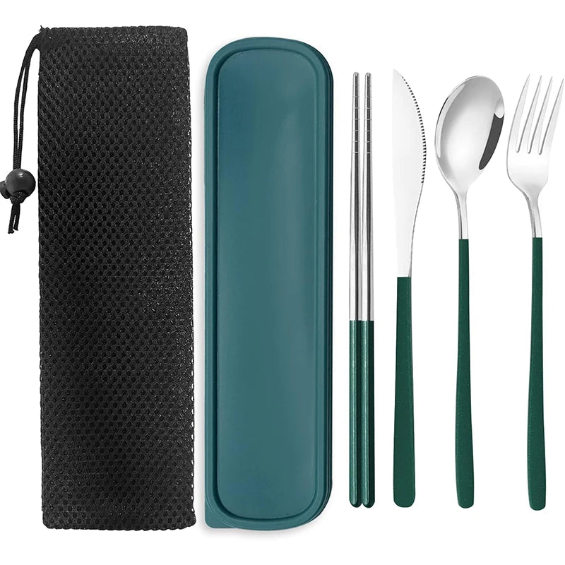 Stainless Steel Flatware Set Portable Travel Utensils Set with Case Fork Spoon Knife Chopstick Dinnerware for Lunch Tableware - Gloweve