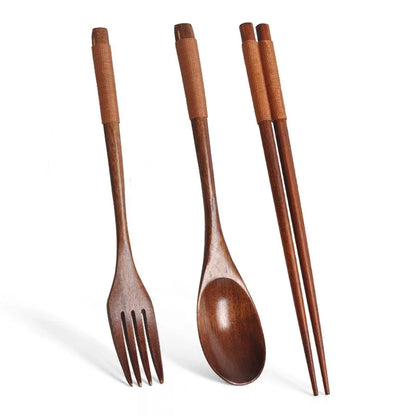 Wooden Cutlery Spoon Fork Chopsticks Dinnerware Set Long Wood Spoon Fork Set Dessert Soup Spoon Dining Fork Portable Tableware - Gloweve