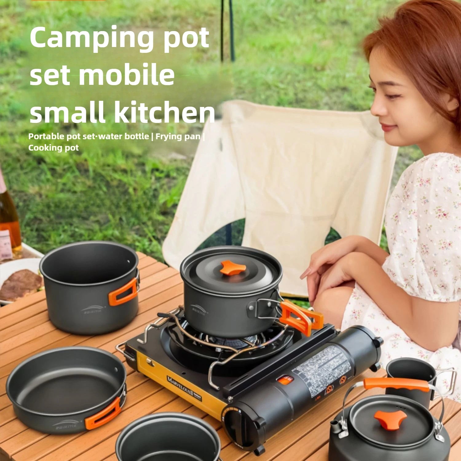 Outdoor Hiking Cookware Camping Cookware Boiling Water Teapot Frying Pan Equipment Portable Camping Pot Supplies Combination Set - Gloweve