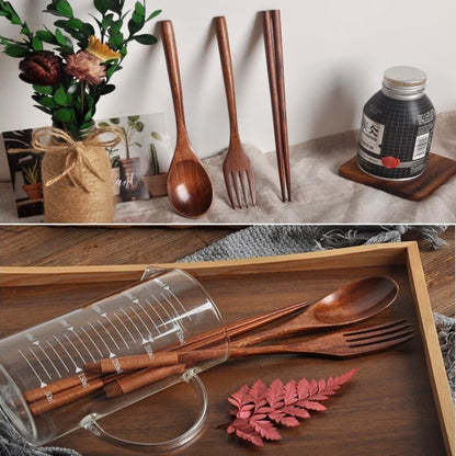 Wooden Tableware Set Spoon Fork Chopsticks With Cloth Bag Wooden Cutlery Set Tableware Flatware Portable Household Supplies - Gloweve