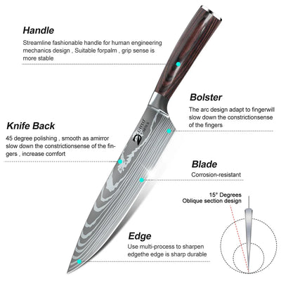 MDHAND 8pcs Kitchen Knife Damascus Stainless Steel Chef Knife Utility Paring Boning Cleaver Slicing Santoku Knives Nylon Bag