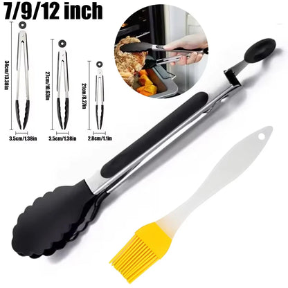 Kitchen Tongs Stainless Steel Food Tongs with Silicone Tips Meat Salad Bread Clip Barbecue Grill Buffet Clamp Cooking Tool Brush - Gloweve
