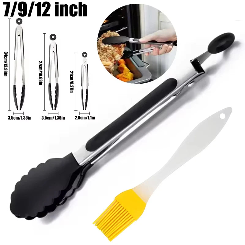 Kitchen Tongs Stainless Steel Food Tongs with Silicone Tips Meat Salad Bread Clip Barbecue Grill Buffet Clamp Cooking Tool Brush