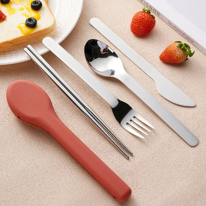 Portable Stainless Steel Cutlery Set, Suitable for Work, School, Picnic, Camping, Travel, Reusable Silicone Portable Cutlery Set - Gloweve