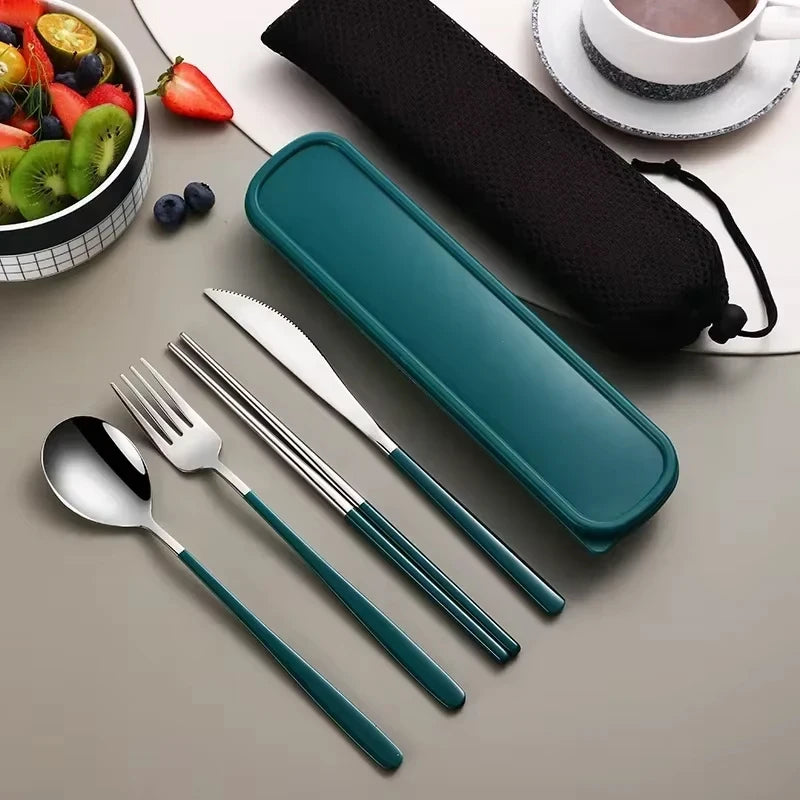 Stainless Steel Flatware Set Portable Travel Utensils Set with Case Fork Spoon Knife Chopstick Dinnerware for Lunch Tableware - Gloweve