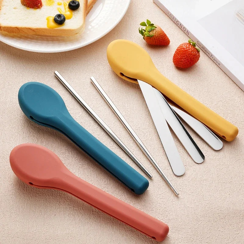 Portable Stainless Steel Cutlery Set, Suitable for Work, School, Picnic, Camping, Travel, Reusable Silicone Portable Cutlery Set - Gloweve