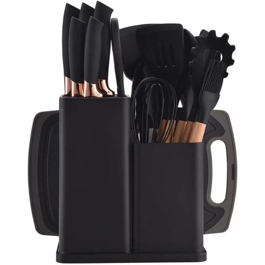 19 Piece Black Cutlery Set; Cooking Spatula Spoon Kitchenware with Storage Bucket Knife Set; Non-Stick Cookware - Gloweve