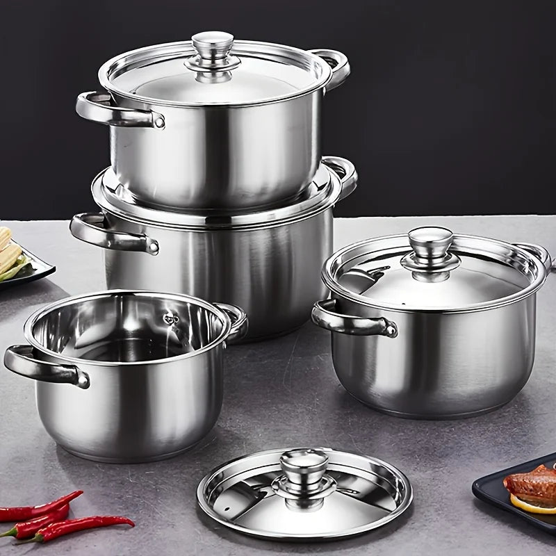 4-Piece Stainless Steel Pot Set, No Stove Selection, Large Capacity, Suitable for Kitchen Cooking - Gloweve