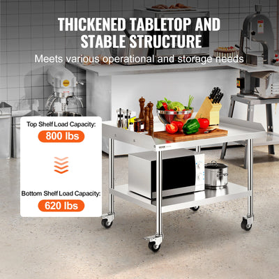 SucceBuy Stainless Steel Work Table Commercial Food Prep Worktable with 4 Wheels Heavy Duty Prep Worktable for Restaurant Home
