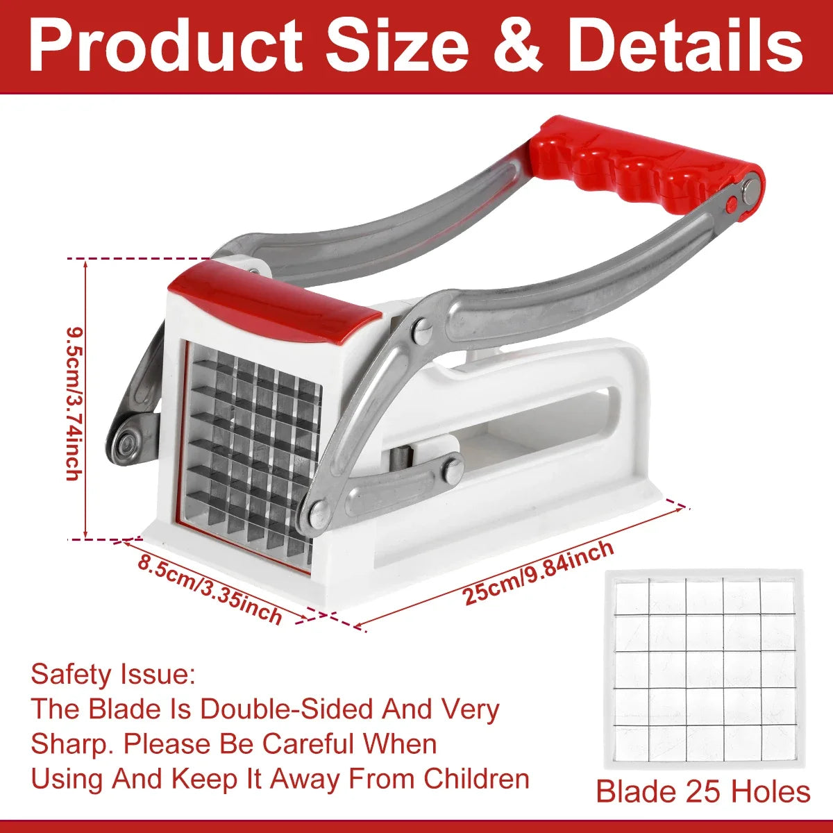 French Fry Cutter Stainless Steel Potato Chipper with 25/49Holes Blades Fast Cutting Manual Food Slicer Kitchen Vegetable Cutter - Gloweve