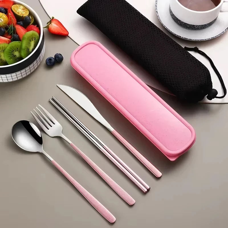 Stainless Steel Flatware Set Portable Travel Utensils Set with Case Fork Spoon Knife Chopstick Dinnerware for Lunch Tableware - Gloweve