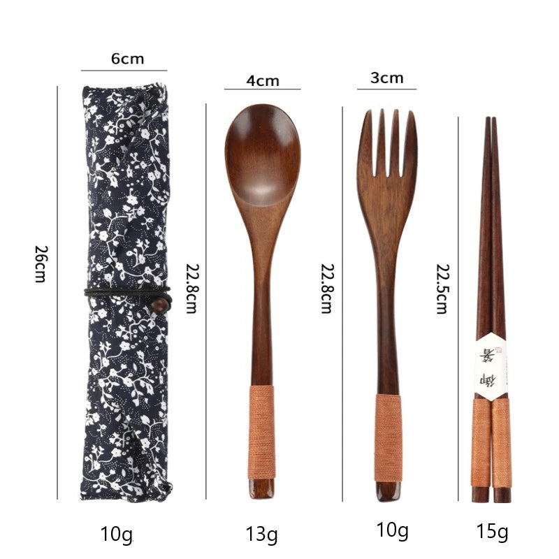 Wooden Tableware Set Spoon Fork Chopsticks With Cloth Bag Wooden Cutlery Set Tableware Flatware Portable Household Supplies - Gloweve