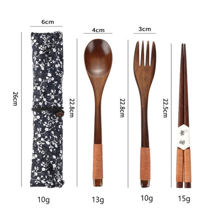 Wooden Tableware Set Spoon Fork Chopsticks With Cloth Bag Wooden Cutlery Set Tableware Flatware Portable Household Supplies - Gloweve