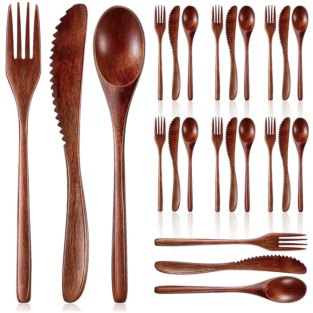 Wooden Spoon Fork Knife Cutlery Set Wooden Dinner Utensil Set Kitchen Wooden Flatware Tableware Cutlery Set (24 Pieces) - Gloweve