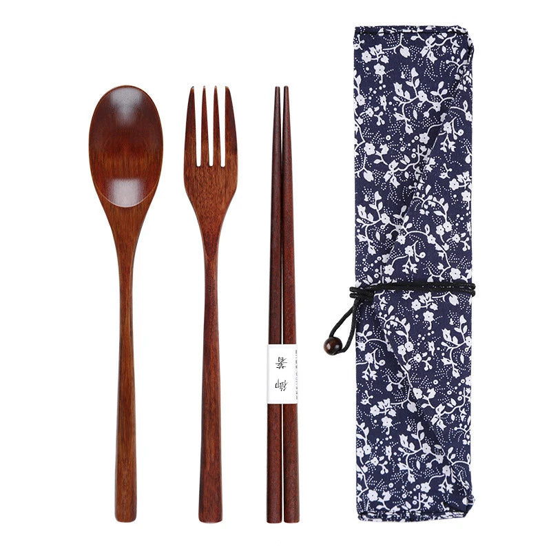 Wooden Tableware Set Spoon Fork Chopsticks With Cloth Bag Wooden Cutlery Set Tableware Flatware Portable Household Supplies - Gloweve