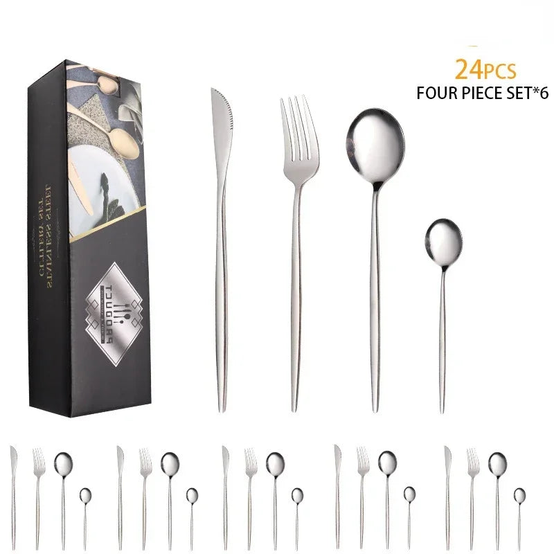Stainless Steel Cutlery Set, Steak Knife, Spoon and Fork Set, Western Food Dinnerware, High Quality, 24Pcs - Gloweve