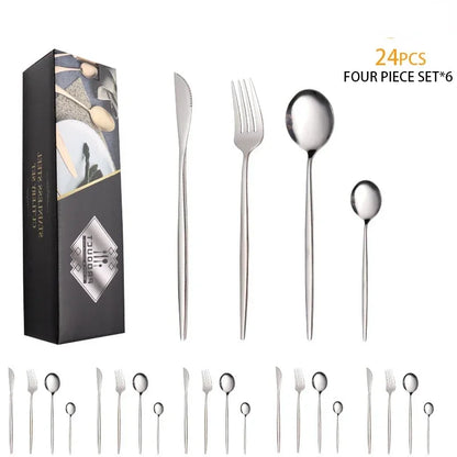 Stainless Steel Cutlery Set, Steak Knife, Spoon and Fork Set, Western Food Dinnerware, High Quality, 24Pcs - Gloweve
