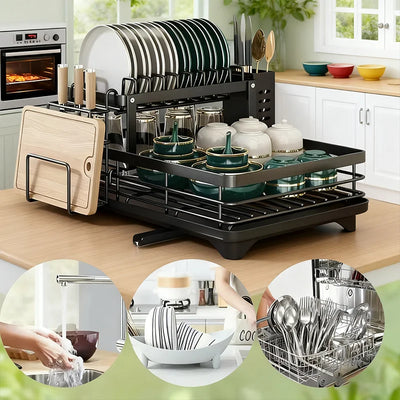 New Premium Dish Drying Rack for Kitchen Countertop Double Layer Multi tier Style with Cup and Bowl Storage Kitchen Organizer