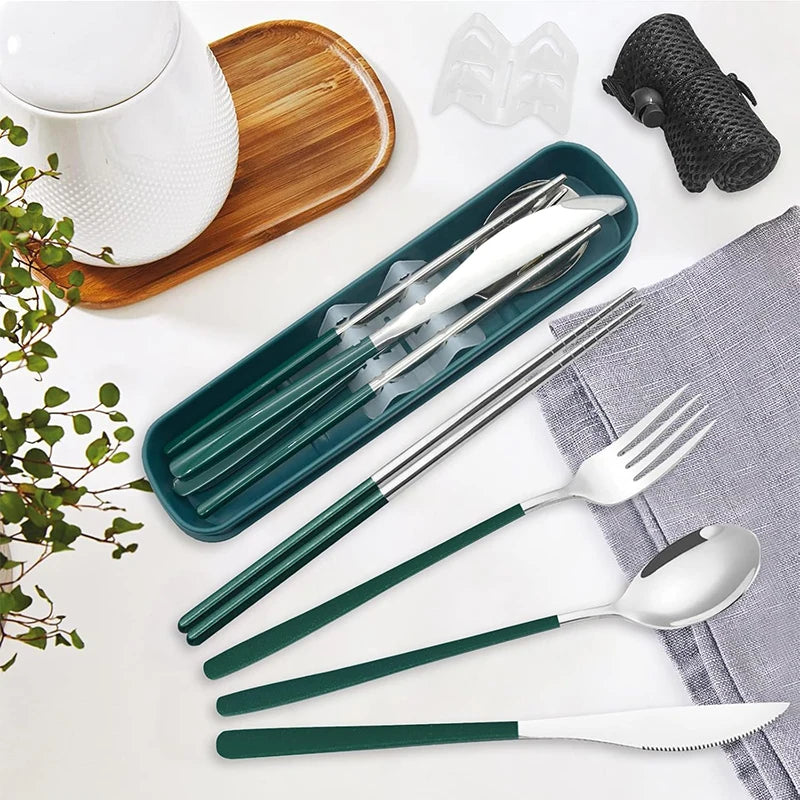 Stainless Steel Flatware Set Portable Travel Utensils Set with Case Fork Spoon Knife Chopstick Dinnerware for Lunch Tableware - Gloweve