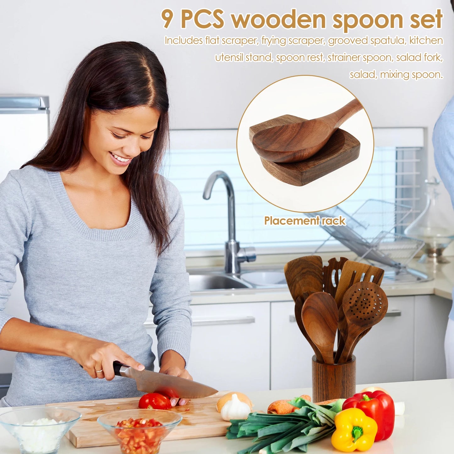 Wood Utensil Set  and Utensils Holder Kitchen Cooking Stainless Steel Utensil Set Practical Cookware Kit for Home Everyday Use - Gloweve