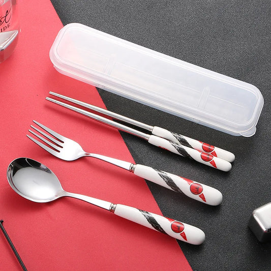 Student Cutlery 304 Stainless Steel Three Piece Set Children's Portable Cutlery Set Chopsticks  Spoons  Forks Creative Gifts - Gloweve