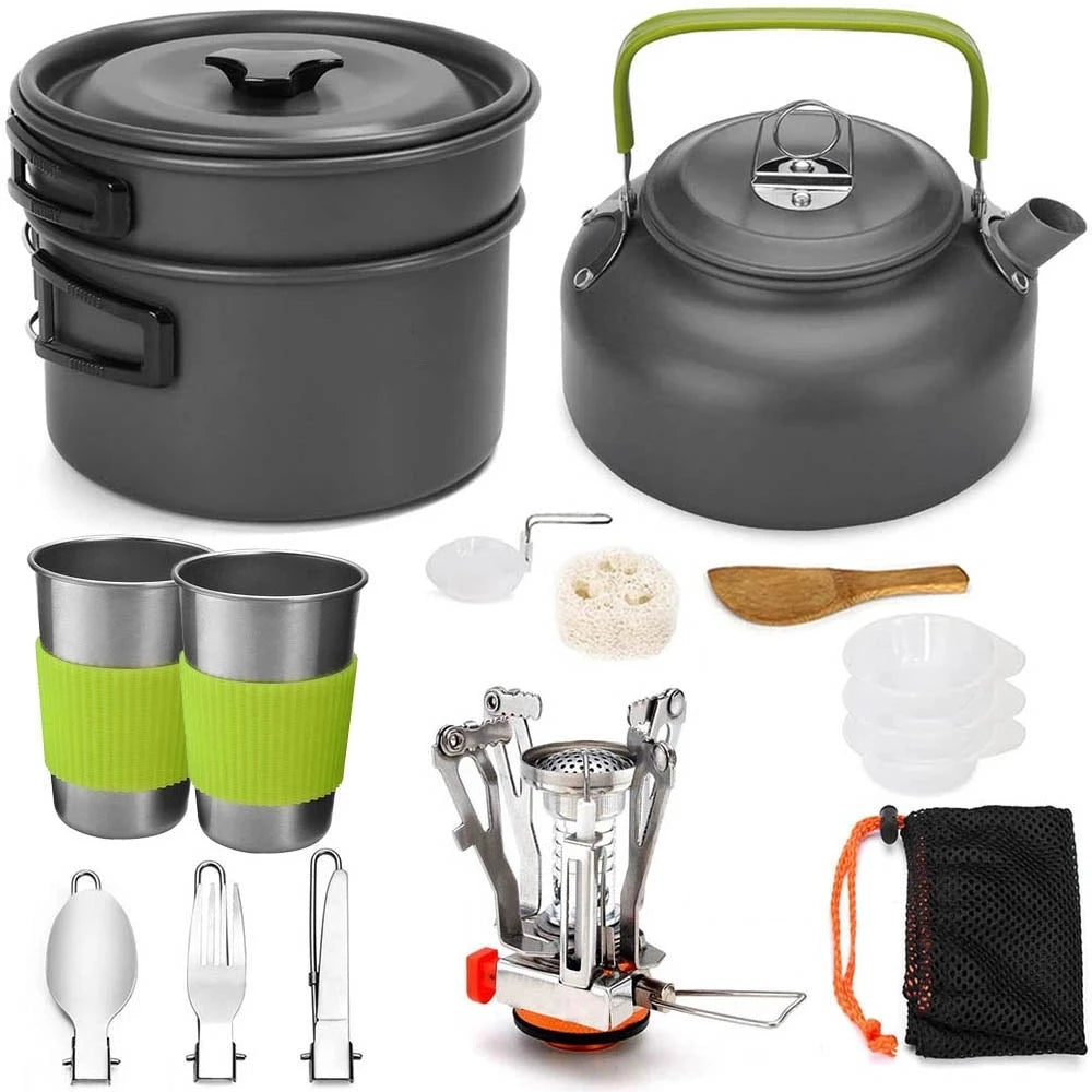 Camping Cooker Set Cookware Kit Outdoor Pot Pan Stove Kettle Cups Tableware Tourist Dishes Nature Hike Equipment - Gloweve