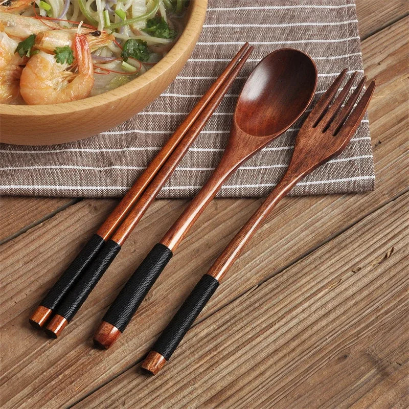 Wooden Cutlery Spoon Fork Chopsticks Dinnerware Set Long Wood Spoon Fork Set Dessert Soup Spoon Dining Fork Portable Tableware - Gloweve