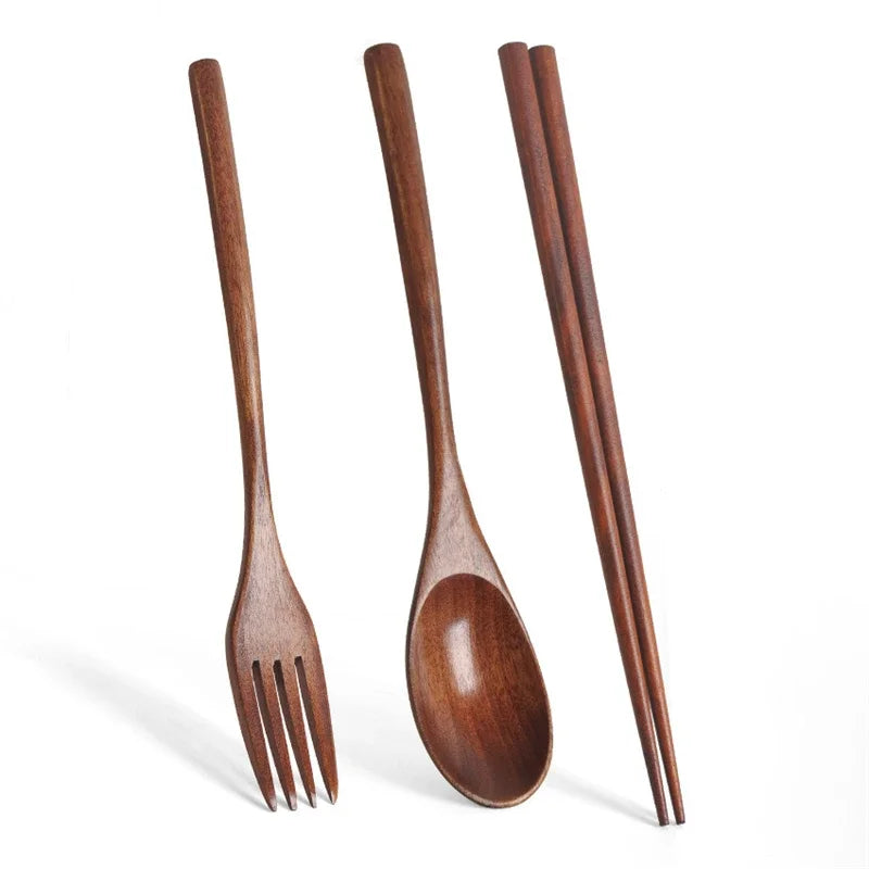Wooden Cutlery Spoon Fork Chopsticks Dinnerware Set Long Wood Spoon Fork Set Dessert Soup Spoon Dining Fork Portable Tableware - Gloweve