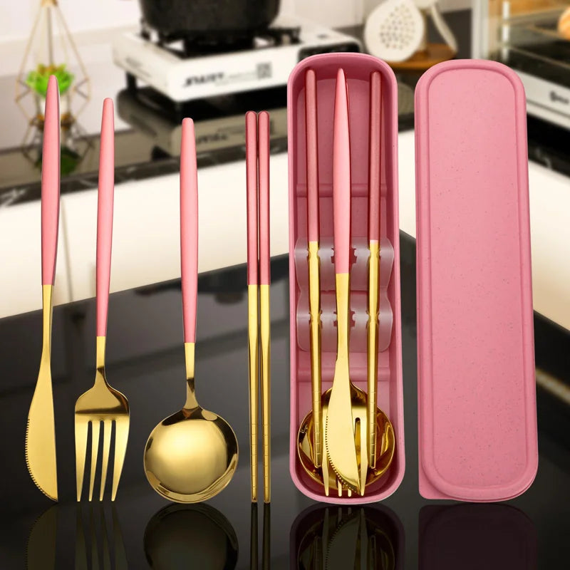 Stainless Steel Cutlery Set With Storage Box 4 Counts Portable Tableware Set For Home Kitchen Dining Room Household Tableware - Gloweve