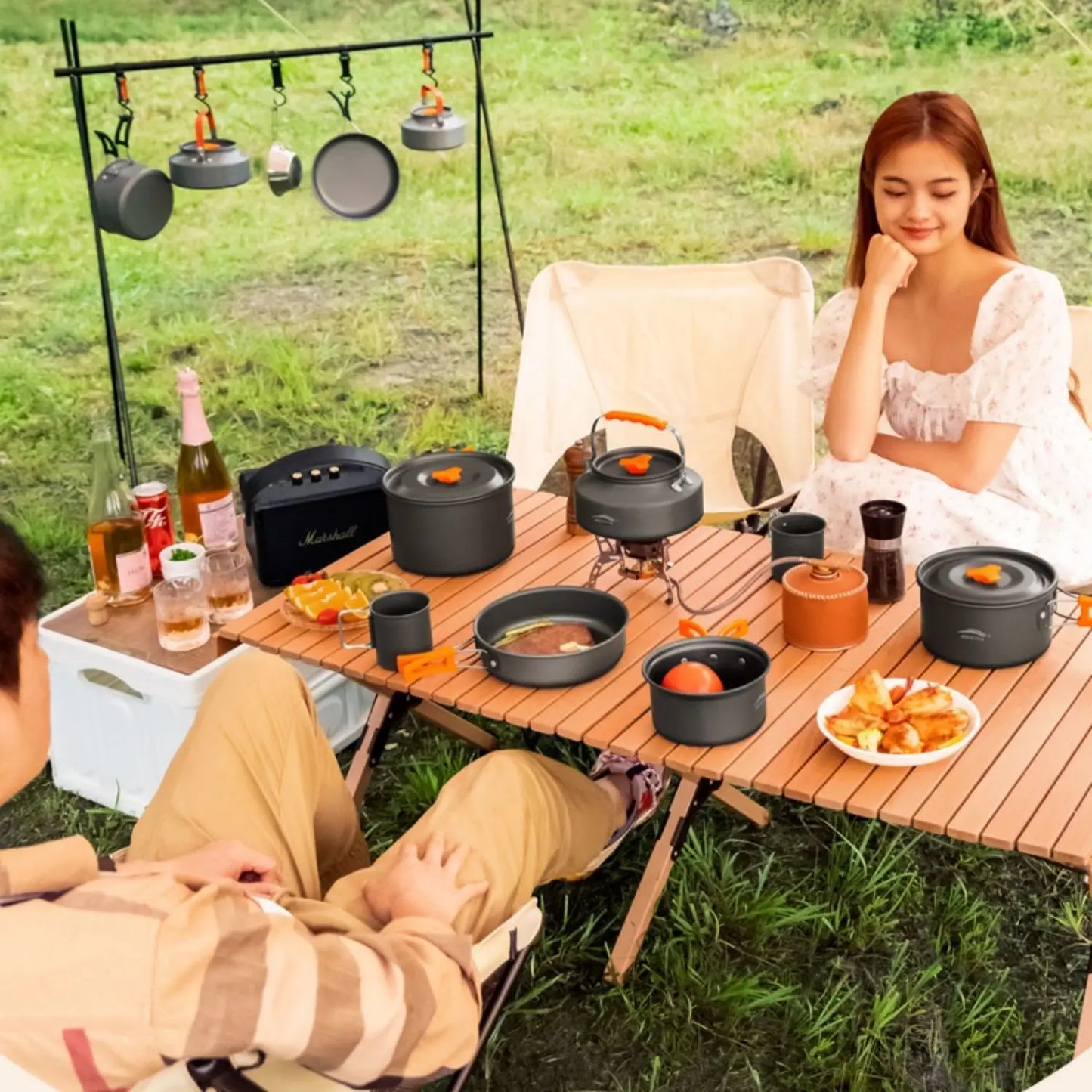 Outdoor Hiking Cookware Camping Cookware Boiling Water Teapot Frying Pan Equipment Portable Camping Pot Supplies Combination Set - Gloweve
