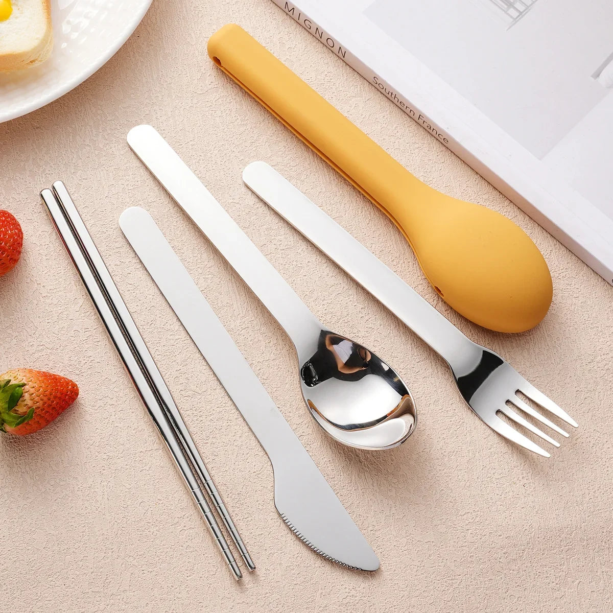 Portable Stainless Steel Cutlery Set, Suitable for Work, School, Picnic, Camping, Travel, Reusable Silicone Portable Cutlery Set - Gloweve